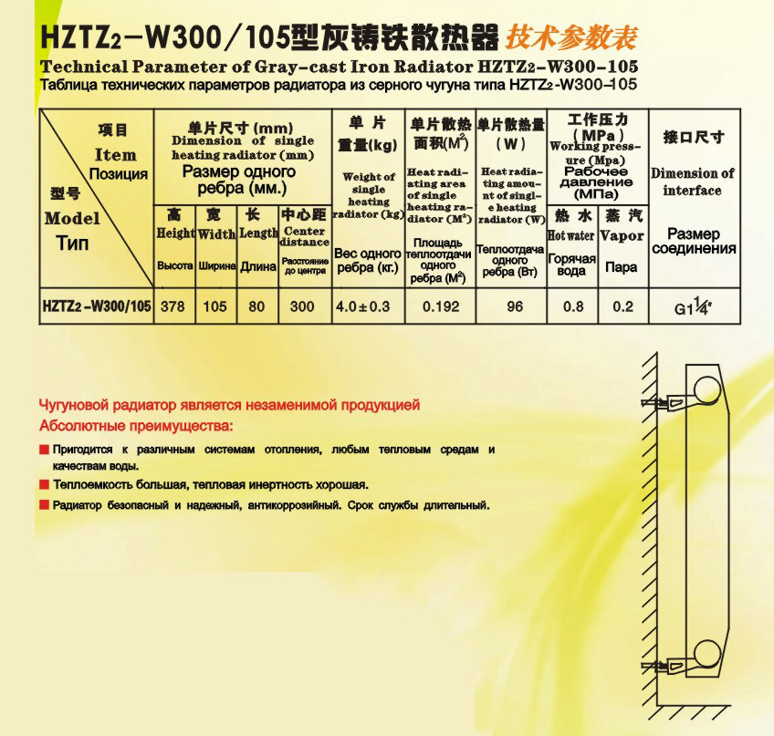 HZT2-W300/105型灰铸铁暖气片散热器
